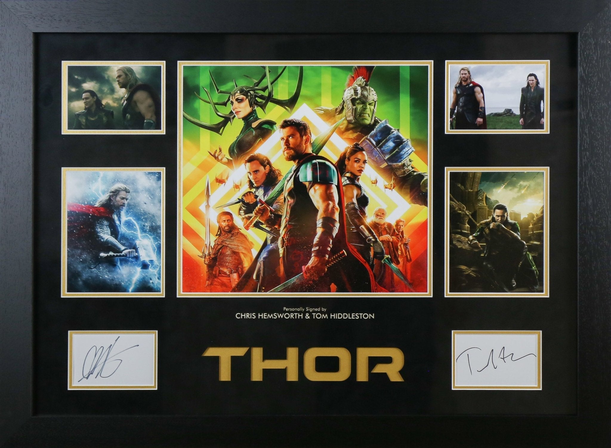 Tom Hiddlestone and Chris Hemsworth Signed Thor White card Framed Display - Memorabilia Framers Shop